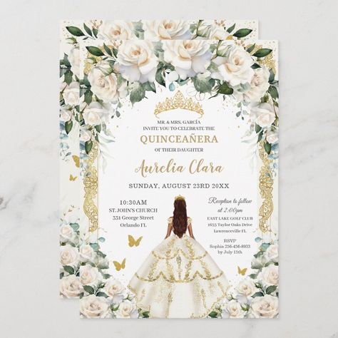 Rose Gold Princess, Champagne Flowers, 16th Birthday Invitations, Quinceanera Ideas, Champagne Dress, Acrylic Invitations, Ivory Roses, Quinceanera Invitations, Sweet 16 Birthday