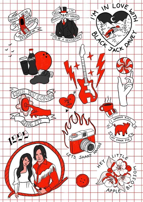 Tattoo flash sheet of The White Stripes fan art - someone show Jack White Stripe Tattoo, Soft Gingerbread Cookies, Flash Sheet, Tattoo Flash Sheet, Line Art Tattoos, The White Stripes, White Tattoo, Jack White, Doodle Designs