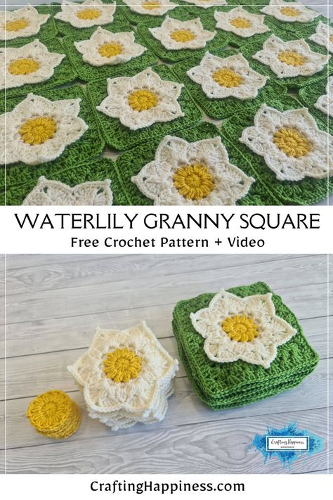 How to crochet Waterlily Granny Square, free crochet pattern & tutorial great for beginners. Learn to crochet this on Crafting Happiness. Plant Granny Square, Crochet Waterlily, Water Lily Crochet, Crochet Pattern Tutorial, Front Post Double Crochet, Crochet Motif Patterns, Crochet Plant, Crochet Blocks, Christmas Baskets