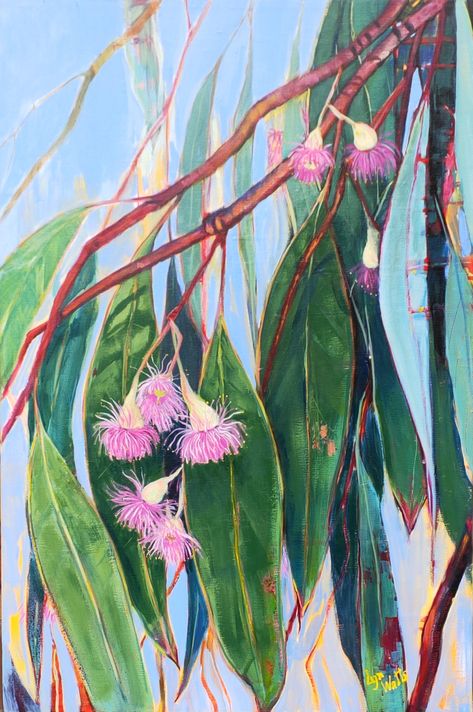 Australian Flowering Gums, Gum Blossom Art, Australian Gum Trees Paintings, Gum Leaves Painting Acrylic, Mosaic Gum Leaves, Mosaic Australian Flowers, Gum Leaves Painting, Gum Leaf Art, Gum Tree Painting