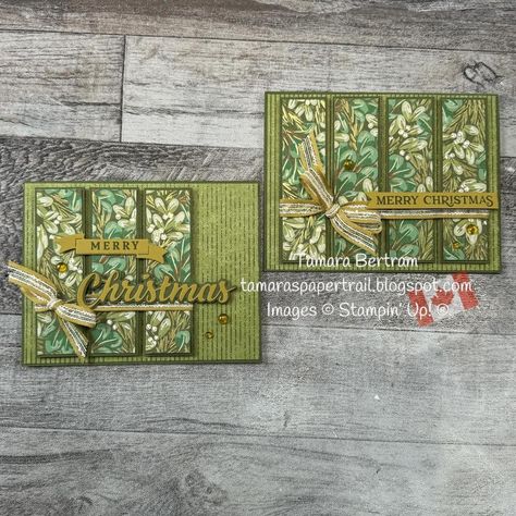 Stampin Up Peaceful Season Bundle, Seasons Of Green And Gold Cards, Peaceful Season Stampin Up Cards, Winter Paper, Create Christmas Cards, Card Making Templates, Slider Cards, Scrap Album, Paper Trail