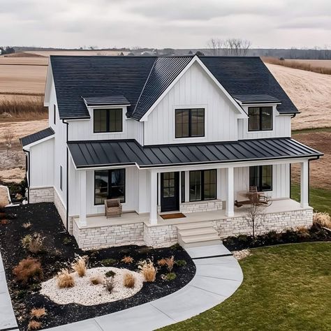 Black And White Farmhouse Exterior, White House With Black Trim, White Farmhouse Exterior, House Remodeling Ideas, Farmhouse Renovation, House Remodeling, Classic Farmhouse, Black Windows, White Farmhouse