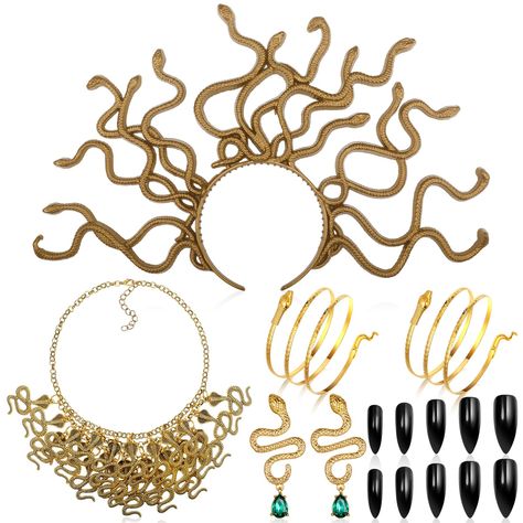 PRICES MAY VARY. Complete Medusa Transformation: unleash your inner mythical goddess with these medusa costume accessories, featuring many essentials you need to create a stunning medusa inspired look; This package includes 1 piece of gorgeous medusa headpiece, 1 pair of gold snake earrings, 1 piece of exquisite medusa necklace, 1 piece of eye catching arm bracelet, and 1 set of black fake nails Quality Material and Exquisite Craftsmanship: crafted with precision and attention to detail, the gol Halloween Medusa, Medusa Nails, Mythical Goddess, Gold Snake Jewelry, Black Fake Nails, Medusa Headpiece, Snake Costume, Arm Cuff Jewelry, Nails For Halloween