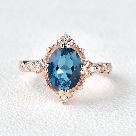 London Blue Topaz Oval Cut Engagement Ring, 14k Rose Gold Engagement Ring, Moissanite Diamond Anniversary Ring, Weeding Ring, Art Deco Ring London Blue Topaz Engagement Ring, London Blue Topaz Engagement Rings, Topaz Wedding Ring, Wedding Rings Art, Blue Topaz Engagement Ring, Vintage Inspired Rings, Art Deco Wedding Rings, Topaz Engagement Ring, Solid Gold Band