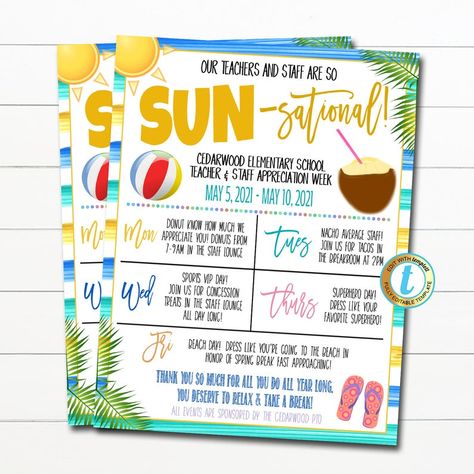 Beach Teacher Appreciation Week Itinerary Tropical Hawaii You | Etsy Beach Theme Teacher Appreciation Week, Teacher Appreciation Week Themes, Teacher Appreciation Themes, Staff Appreciation Week, School Pto, Week Schedule, Tropical Hawaii, Staff Appreciation, Elementary School Teacher