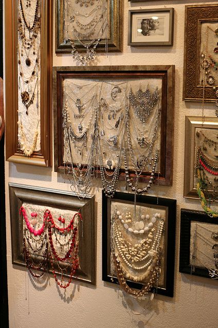 a toned down version of this maybe. i like the picture frame concept. less on them though. jewelry display Jewelry Display Ideas, Booth Display Ideas, Walking Closet, Diy Jewelry Display, Antique Booth, Framed Pictures, Booth Displays, Craft Show Displays, Jewelry Organizers