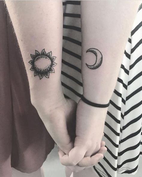 Aesthetic and Minimalist Sun and Moon Tattoos for Men and Women Tattoo Ideas Female Small Simple, Yin And Yang Tattoo, Tattoo Sisters, Sun And Moon Tattoos, Tattoo Ideas Female Small, Moon Sun Tattoo, Yang Tattoo, Matching Sister Tattoos, Moon Tattoos