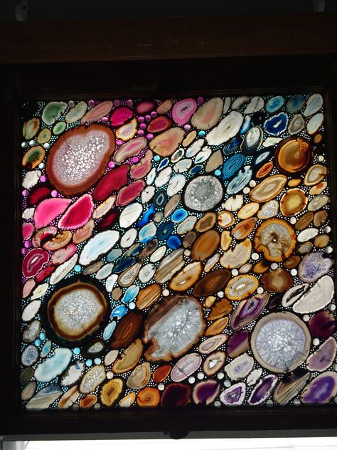 Agate Window, Stained Glass With Crystals, Agate Shadow Box Decor, Agate Suncatcher, Stained Glass With Geodes Agate Slices, Agate Rocks, Hanging Room Dividers, Stained Glass Jewelry, Resin Furniture