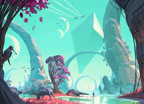 no-mans-sky-concept-art004 Futuristic Landscape, Alien Robot, 2560x1440 Wallpaper, Robot Concept, Bg Design, Sci Fi Environment, No Man's Sky, Sky Artwork, Landscape Concept