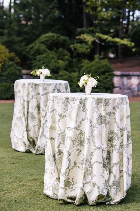 Outdoor wedding reception cocktail hour with small cocktail tables pattern linens Atlanta History Center Wedding, Wedding Cocktail Tables, Cocktail Table Decor, Cocktail Hour Decor, Inside Weddings, Cocktail Hour Wedding, Green Tablecloth, Wedding Table Linens, Wedding Tablecloths