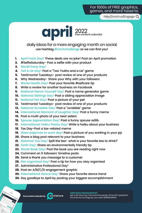 April Social Media Calendar, April Content Ideas, Monthly Ideas, Posting Ideas, Social Media Challenges, Lemongrass Spa, Spring Ahead, Boss Motivation, Social Media Content Planner