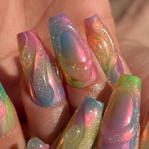 Multicolored Aura Nails, Colorful Junk Nails, Crazy Colorful Nails, Pastel Galaxy Nails, Whimsy Nails, Summer Nail Square, Coachella Nails Ideas, Long Colorful Nails, Dopamine Nails