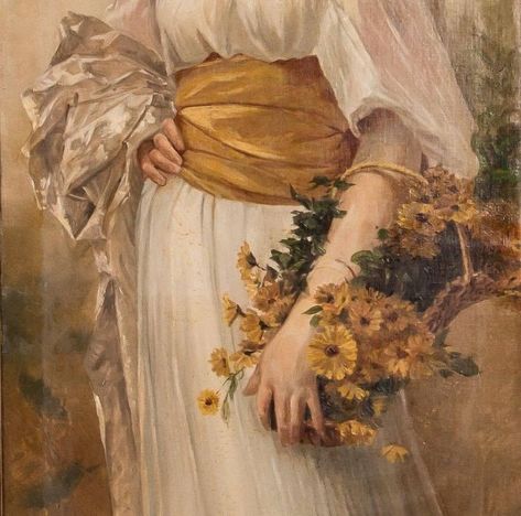 - ̗̀@artofsocrates ̖́- Creation Art, Rennaissance Art, 19th Century Art, Holding Flowers, Arte Inspo, Old Paintings, Aesthetic Painting, Yellow Aesthetic, Romantic Art