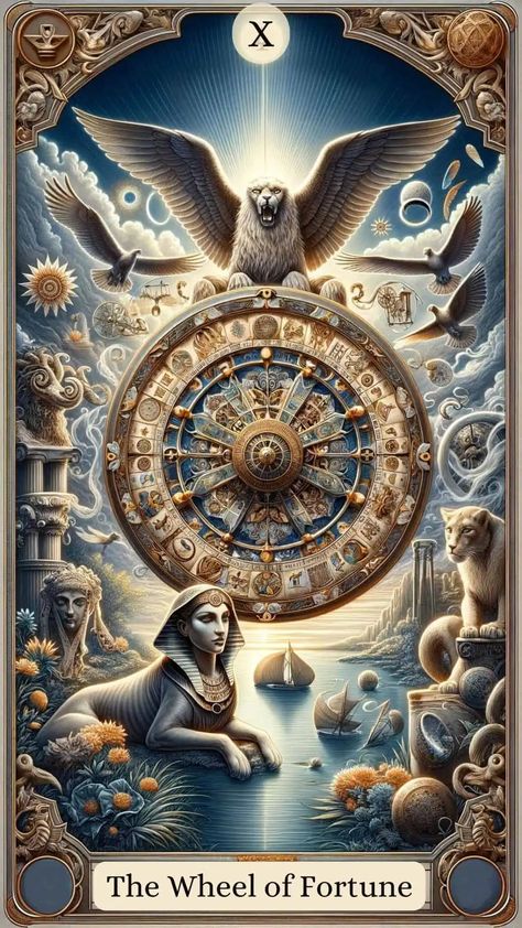 The Wheel Tarot Card, Wheel Of Fortune Tarot Meaning, Oracle Cards Art, Life Tarot Card, Tarot Cards Decks Beautiful, The Wheel Of Fortune Tarot, Fortune Tarot Card, Tarot Cards Major Arcana, Wheel Of Fortune Tarot