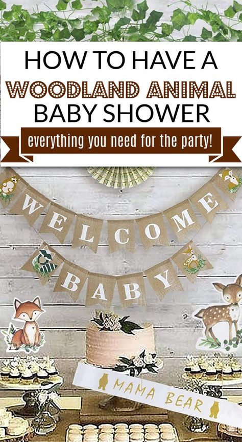 woodland animal banner with welcome baby Woodland Animals Shower Theme, Baby Shower Favors Woodland Theme, Boy Baby Shower Ideas Forrest, Baby Shower Games Woodland Theme, Baby Animal Shower Theme, Baby Animal Theme Baby Shower Ideas, Woodland Themed Baby Shower Girl, Woodland Animal Baby Shower Ideas, Baby Shower Themed Food