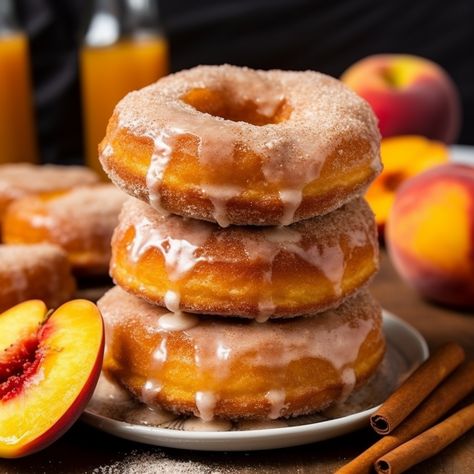 These Peach Cider Donuts are a delightful twist on classic cider donuts. The sweet and tangy taste of fresh peaches makes them utterly special. #PeachCiderDonuts #CinnamonSugarGlaze #FreshIngredients #Homemade #Foodie #Recipe Peach Doughnut, Peach Donut, Peach Cider, Donut Peach, Cider Donuts Recipe, Starter Recipe, Glazed Doughnuts, Sourdough Starter Recipe, Baked Treats