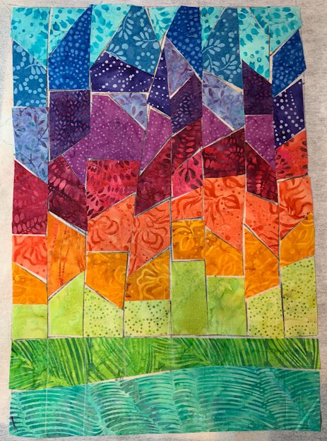 Joyful Puttering: Collecting Creating Connecting: Batik Meets Stained Glass Stained Glass Quilts Batik, Stained Glass Patchwork, Stained Glass Quilts Ideas, Stained Glass Quilt Patterns Free, Stained Glass Quilts, Window Quilt, Improv Quilts, Quilt Club, Landscape Art Quilts