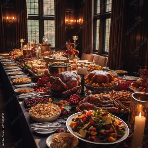 Luxury Thanksgiving Table, Thanksgiving Turkey Aesthetic, Thanksgiving Table Settings With Food, Large Thanksgiving Dinner Table, Thanksgiving Table With Food, Thankgiving Setup Food, Thanksgiving Spread Table, Thanksgiving Feast Table, Coraline Dinner