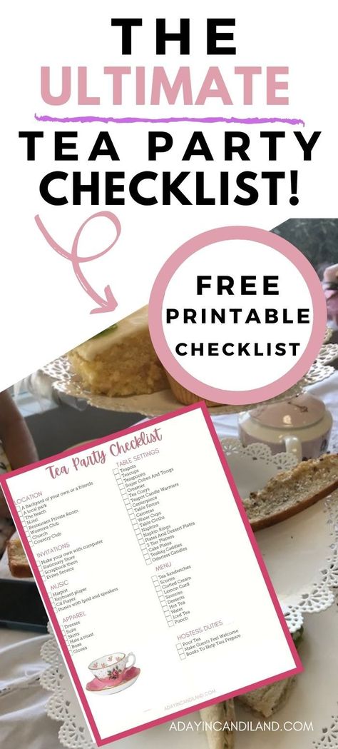 Printable Checklist for Tea party How To Set Up A Tea Party Table, Womens Tea Party Decor Table Settings, How To Host A High Tea Party, How To Host A Tea Party, Tea Party Trivia Free Printable, Tea Party Menu Template, Tea Party Set Up Ideas, Hi Tea Menu Ideas, High Tea Party Decorations Table Settings