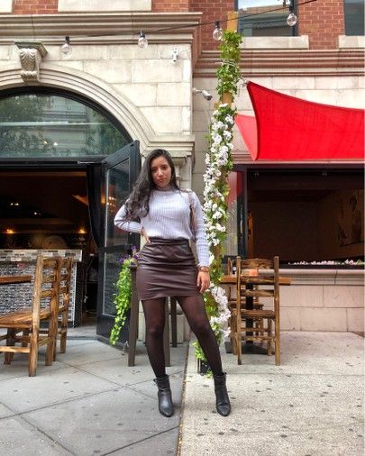 Shop this outfit! Mini brown leather skirt, blue sweater, black ankle booties, #fallbrunchoutfits #november2020fashion #november2020outfits #novemberoutfits Brown Leather Skirt Outfit, Fall Brunch Outfit, Brunch Outfits Fall, November Outfits, Mini Leather Skirt, Fall Fashion Skirts, Brown Leather Skirt, Fall Brunch, Leather Skirt Outfit