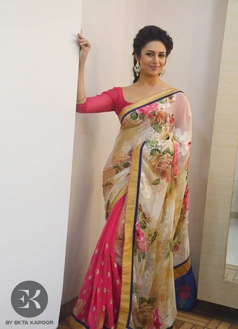 Yash Chopra, Desinger Dresses, Divyanka Tripathi Saree, Jute Sarees, Jute Silk Saree, Sleeveless Blouse Saree, Divyanka Tripathi, Saraswati Goddess, Floral Print Sarees