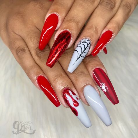 Guadalupe Ocaranza on Instagram: “Halloween nails in full effect! Obsessed with these!! Thank you @_damnnnn_gina  for letting me do what I want!  Got some nail inspiration…” Halloween Red Nails Design, Red Black White Halloween Nails, Dark Red Spooky Nails, Black N Red Halloween Nails, Red Halloween Stilleto Nails, Red Halloween, Halloween Nail Designs, Halloween Nail, Fall Nails