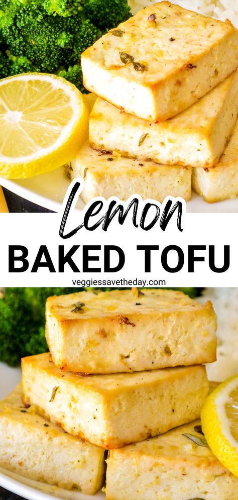 Lemon Baked Tofu is loaded with Mediterranean flavor from lemon, garlic, and thyme. This easy vegan entree pairs perfectly with your favorite grains and vegetables for a satisfying and delicious meal. Easy Delicious Vegan Meals, Lemon Garlic Tofu, Lemon Tofu Recipes, Raw Tofu Recipes, Mediterranean Tofu Recipes, Keto Tofu Recipes, Easy Veggie Dinner, Tofu Recipes For Beginners, Mediterranean Tofu