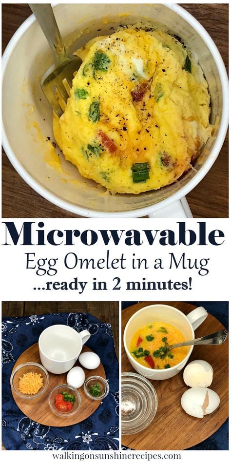 Microwavable Egg Omelet Ready in 2 Minutes from Walking on Sunshine Recipes Egg In A Mug, Eggwhite Omelet, Microwave Recipes Breakfast, Omelette Casserole, Omelet Casserole, Omelette Ideas, Omelette Healthy, Microwave Omelet, Easy Omelette