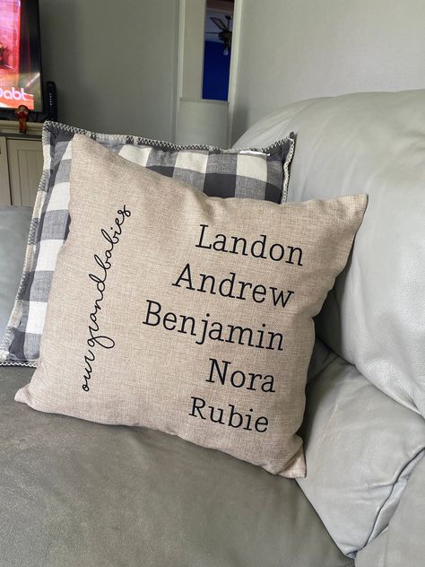 "This listing is for (1) custom case OR case WITH pillow with names of grandchildren. This is a great grandparent gift! Color: Light Linen Size: 18\"x18\" Filled with 100% soft polyester non allergenic , soft and sumptuous yet firm. The pillowcase is removeable and washable (delicate cycle, hang to dry). Please leave a comment in the Notes to Seller during checkout with the names you would like printed on the pillow. Thank you! Eric & Leah Leathem Creation Co." Grandma Pillow, Cadeau Grand Parents, Grands Parents, Personalized Gifts For Mom, Gift For Grandma, Gifts For Grandparents, Grandparent Gifts, Pillow Gift, Beautiful Pillows