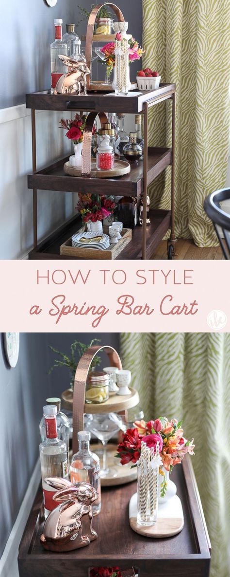 How to Style a Spring Bar Cart, plus cute accessories from HomeGoods to make your cart pretty and functional. *sponsored pin* Trolley Cart Ideas, Gold Bar Cart Styling, Diy Bar Cart, Modern Bar Cart, Gold Bar Cart, Cart Ideas, Tea Cart, Bar Cart Styling, Cart Decor