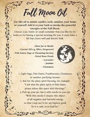 Full Moon Oil Recipe Diy Spell Oils, New Moon Oil Blend, Wiccan Oil Recipes, Full Moon Oil Recipe, Pentagram Oil Recipe, Moon Water Spray Recipe, Anointing Oil Recipe Wicca, Goddess Oil Recipe, Spell Oils Recipe