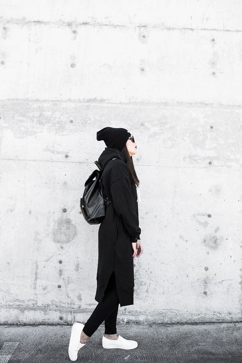 Shop this look on Lookastic:  http://lookastic.com/women/looks/beanie-coat-backpack-skinny-jeans-slip-on-sneakers/8501  — Black Beanie  — Black Coat  — Black Leather Backpack  — Black Skinny Jeans  — White Slip-on Sneakers Sporty Black Backpack For Everyday Use, Sporty Everyday Black Backpack, Casual Black Beanie For Everyday, Black Winter Beanie For Everyday Wear, Sporty Black Backpack, Leather Backpack Outfit, White Slip On Sneakers, Womens Black Coat, Backpack Outfit