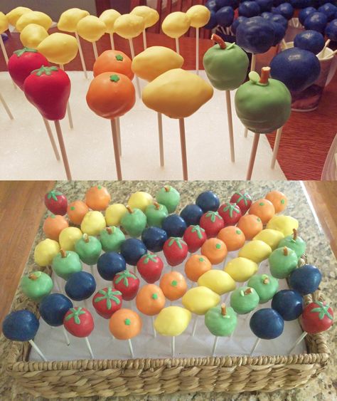 Fruit Shaped Cake Pops, Lemon Shaped Cake Pops, Fruit Themed Cake Pops, Fruit Cake Pops, Fruit Themed Cupcakes, Camp Cake, Dancing Fruit, Blueberry Muffin Mix, Camping Cakes