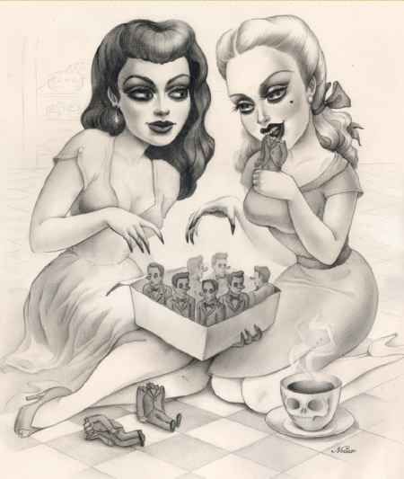 Macabre-Bad-Girls-Eat-Men Man Eater, Chocolate Men, Retro Pop, Pop Surrealism, Dark Art, Nom Nom, Art Inspo, Body Art, Female Sketch