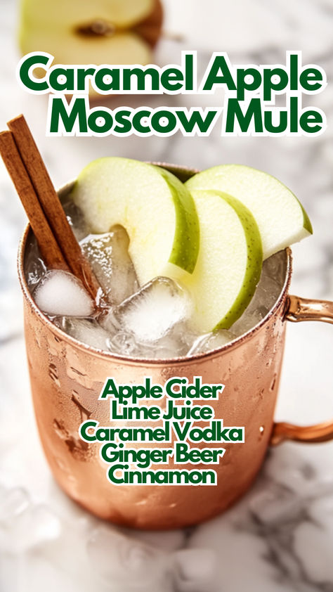 Caramel Apple Moscow Mule Fall Flavored Moscow Mules, Apple Cider Mule Ginger Beer, Apple Cider Moscow Mules, Carmel Apple Moscow Mule, Caramel Apple Mule Recipe, Fall Inspired Moscow Mules, Caramel Apple Moscow Mule, Caramel Vodka Drinks Recipes, Caramel Apple Mule