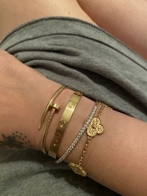 Cartier Stacked Bracelets, Cartier Love Bracelet Stack, Designer Bracelet Stack, Cartier Bracelet Stack, Cartier Stack, Gold Cartier Bracelet, Cartier Bracelets, Gold Love Bracelet, Female Gifts