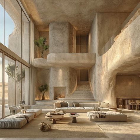 Dream House In Nature, Modern Architecture House Interior, Natural Architecture Design, Desert Living Room Decor, Desert Modern Decor, Desert Room, Desert Interior Design, House In The Desert, Cantilever Structure