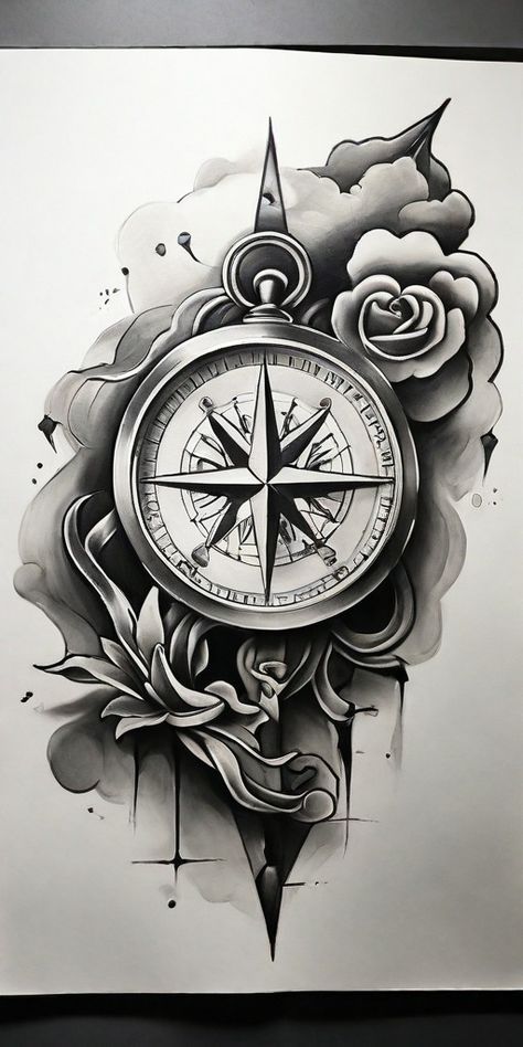 Compass Tattoo Drawing, Thor Tattoo, Scroll Tattoos, Compass Tattoo Men, Men's Tattoos, Ma Tattoo, Realistic Rose Tattoo, Fox Tattoo Design, Masculine Tattoos