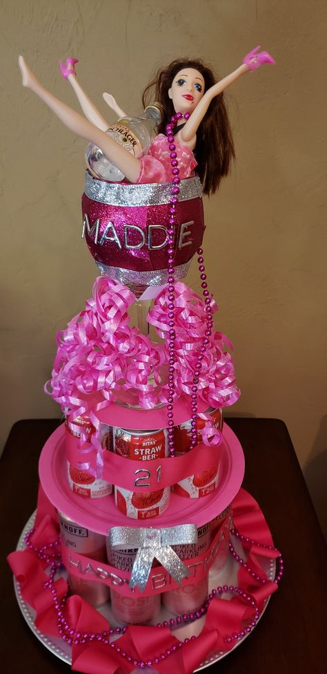 Seltzer Cake, How To Make An Alcohol Cake Tower, Wine Bottle Cakes Ideas, Drunk Barbie Cake 21st, Beer Tower Cake 21st Birthday, Beer Can Cake Tower, Trashed Barbie Cake 21st Birthday, Beer Cake Tower, Barbie Doll 21st Birthday Cake