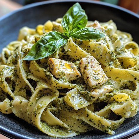 PASTA AL PESTO CON POLLO Ingredientes: 400 g de pasta (como fusilli, penne o spaghetti), 2 pechugas de pollo sin piel y sin hueso, Sal y pimienta al gusto, 2 cucharadas de aceite de oliva, 1 taza de pesto (puedes usar pesto comprado o hacerlo en casa), 1/4 taza de queso parmesano rallado, Hojas de albahaca fresca (opcional, para decorar), Piñones tostados (opcional, para decorar). Para el pesto casero (opcional): 2 tazas de hojas de albahaca fresca, 1/2 taza de queso parmesano rallado, 1/3 ... Fideo Verde, Pesto Chicken Pasta One Pot, One Pot Creamy Pesto Chicken Pasta, Pollo Pesto Pasta Pizza Express, Chicken Pesto Pasta Aesthetic, Pasta Fusilli, Pesto Spaghetti, Pasta Al Pesto, Pasta Italiana