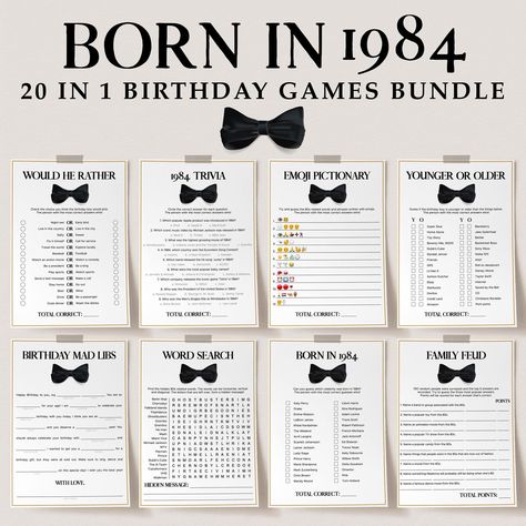 1984 Birthday Games for Dad Father Husband 40th Birthday Party Ideas Gold and Black Birthday Gift for Him Unique Bday Party Activities TB1 Birthday Party Games For Men, Bday Party Activities, Black And Gold Birthday Party, 1994 Birthday, 50th Birthday Games, 1964 Birthday, 1974 Birthday, Black And Gold Birthday, Games For Men