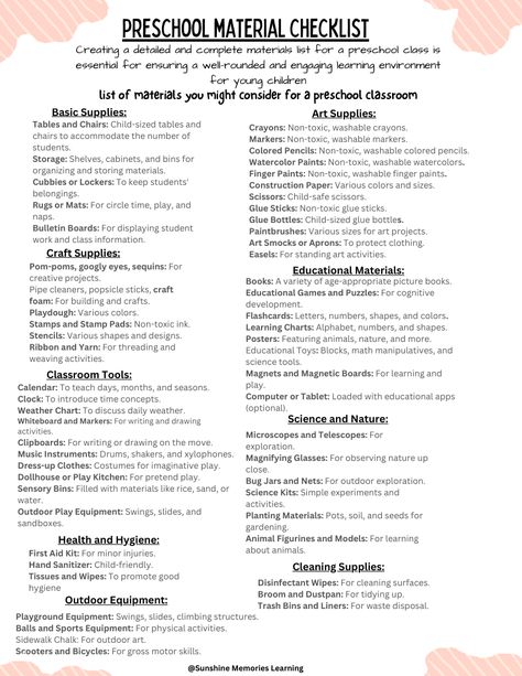 Here's a comprehensive list of materials you might consider for a preschool classroom Preschool Teacher Supplies, Preschool Classroom Wish List Ideas, Preschool School Supply List, Kindercare Preschool Classroom, Classroom Setup Daycare, Preschool Syllabus, Preschool List, Teacher Supplies List, Classroom Supplies List