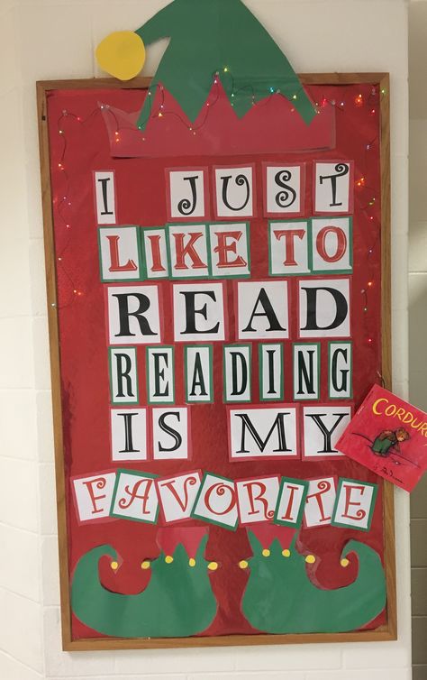 Christmas Bulletin Board Ela Christmas Door, Reading Christmas Bulletin Boards, Christmas Reading Bulletin Board Ideas, Winter Bulletin Board Ideas For Library, Christmas Book Bulletin Board, Christmas Reading Bulletin Board, Christmas Library Bulletin Board Ideas, Christmas Bulletin Board Ideas Library, Library Christmas Bulletin Boards