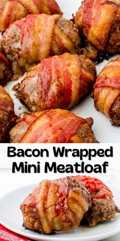 Mini Bacon Wrapped Meatloaf Recipe Bacon Wrapped Mini Meatloaf Recipes, Bacon Wrapped Meatloaf With Cheese, Bacon Wrap Meatloaf, Mini Bacon Wrapped Meatloaf, Bacon Wrapped Meatloaf Muffins, Bacon Wrapped Smoked Meatloaf, Bacon Meatloaf Recipes Easy, Ground Bacon Recipes, Bacon Wrapped Mini Meatloaf