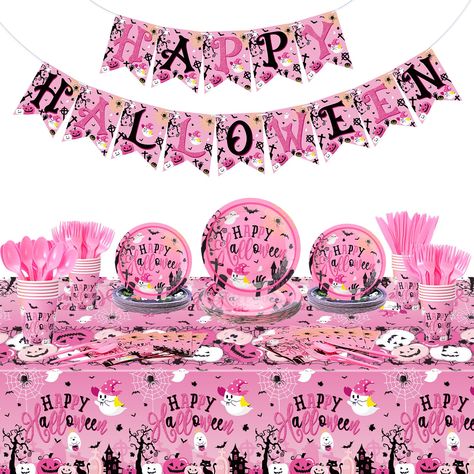 PRICES MAY VARY. Pink Halloween Tableware Set: includes 24 x 7 inch dessert plates, 24 x 9 inch dinner plates, 24 x 9 OZ cups, 24 x napkins, 24 x forks, 24 x knives, 24 x spoons, 1 x Happy Halloween banner, 2 x disposable pink tablecloth, ample quantity allow you to serve twenty four guests at one time and decorate your Halloween party Distinctive Pink Halloween Design: this happy Halloween tableware set is all designed in a pink color background, printed with classic pumpkin, ghost, bat, spider Pink Tablecloth, Happy Halloween Banner, Halloween Tableware, Girl Gender Reveal, Halloween Party Supplies, Halloween Banner, Ghost Pumpkin, Disposable Tableware, Pink Halloween