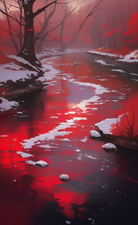 Winter Fantasy Aesthetic, Thorn Forest, Blood River, Book Cover Background, Dark Forest Aesthetic, Dark Red Background, Red Lake, River Painting, Red Water