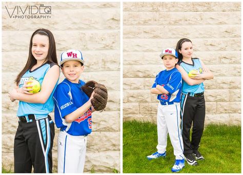 Baseball & Softball Siblings.  Brother and sister photography, sports, siblings, softball, baseball, outdoor sports, outdoor photography, child photography. Copyright: www.vividphotographypa.com Sibling Baseball Softball Pictures, Brother Sister Sports Photos, Sibling Baseball Pictures, Sibling Sports Pictures Photo Ideas, Brother And Sister Photography, Basketball Portraits, Baseball Poses, Softball Pictures Poses, Dance Exercises