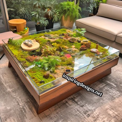 Terrarium Coffee Tables: The Green Oasis Your Home Has Been Missing – Inspiring Designs Indoor Plant Table Ideas, Mossy Furniture, Desk Terrarium, Plant Coffee Table, Indoor Plant Table, Terrarium Coffee Table, Table Terrarium, Blooming Table, Modern Bookcase Design