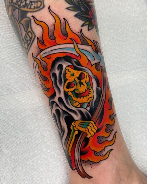 Grim Reaper Neo Traditional, Grime Reaper Tattoo, American Traditional Reaper Tattoo, Grim Reaper Traditional Tattoo, Grim Reaper Tattoo Traditional, American Traditional Grim Reaper Tattoo, Traditional Flame Tattoo, Traditional Tattoo Reaper, Traditional Reaper Tattoo