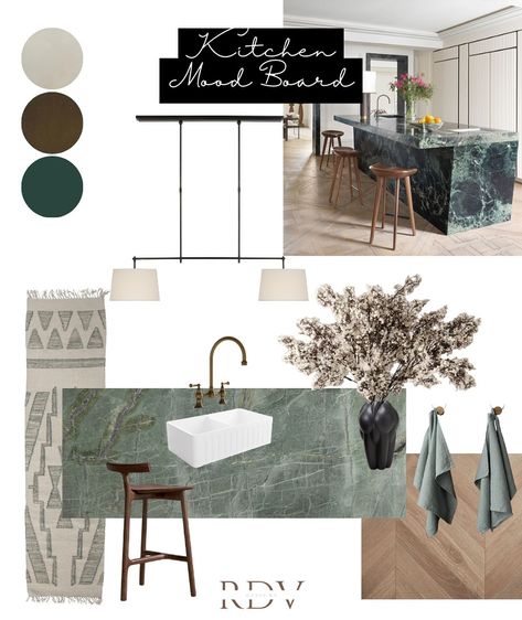 Mood Board….. A more traditional take on a contemporary kitchen using this beautiful Henley Double Fluted Farmhouse sink by @abiinteriors_uk and Celeste 2-Hole Traditional kitchen tap in aged bronze by @lussostone. The Verde Green Marble Slab from @starel_stones is absolutely exquisite offering the perfect level of contrast and luxury. The Lia stool by @sienahomeuk has such beautiful sleek lines with the runner from @olivias.uk offering the perfect traditional juxtaposition. What do y... Green Marble Kitchen, Instagram Mood Board, Kitchen Moodboard, Timeless Living Room, Kitchen Mood Board, Bathroom Retreat, Living Room Update, Aged Bronze, The Runner